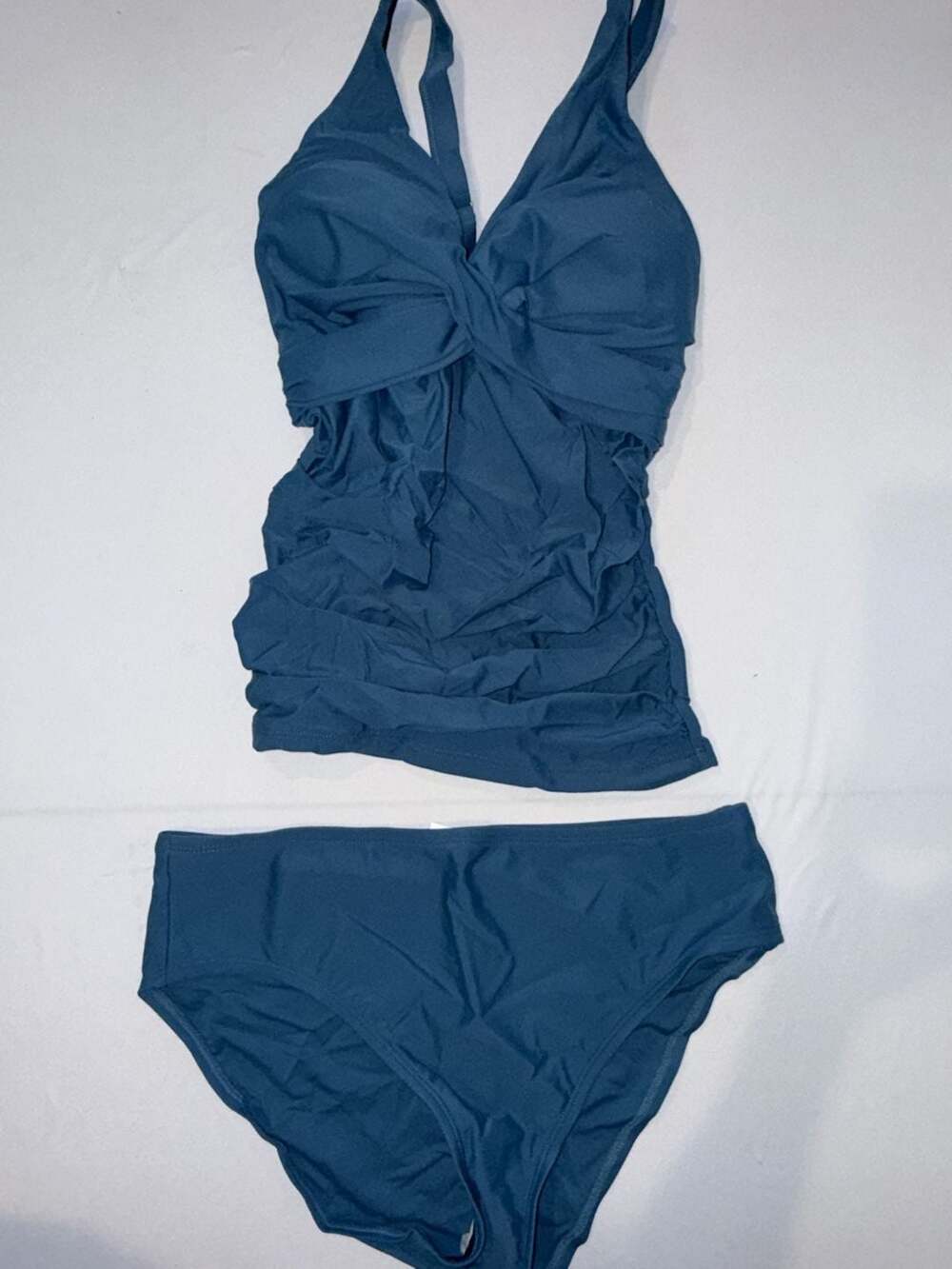 Women's Blue Ruched V-Neck Tankini Top and Bikini Bottom Set (b27)